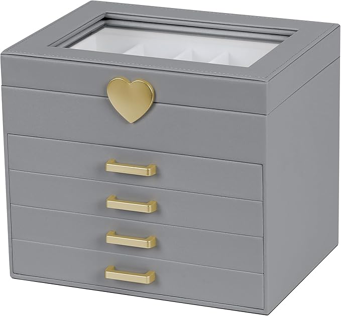 Kendal Jewelry Box, 5-Layer Jewelry Organizer Box with Glass Lid, Gray, Heart Shaped PU Leather, Storage Box for Necklace Ear