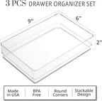 STORi SimpleSort 3-Piece Stackable Clear Drawer Organizer Set | 9" x 6" x 2" Rectangle Trays | Wide Makeup Vanity Storage Bin