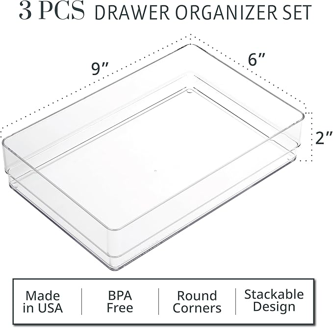 STORi SimpleSort 3-Piece Stackable Clear Drawer Organizer Set | 9" x 6" x 2" Rectangle Trays | Wide Makeup Vanity Storage Bin