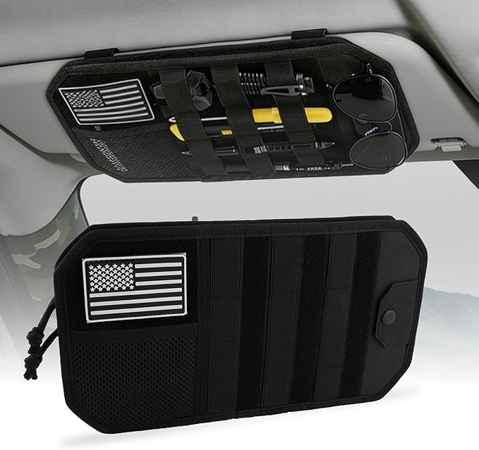Car Sun Visor Organizer, Semi-Rigid Molle Panel Tactical Car Accessories with Zipper Storage Pouch, Sunglass Holder for Car Visor Organizer, Universal Fit for Trucks, SUVs, Jeeps & Police Gear, Black