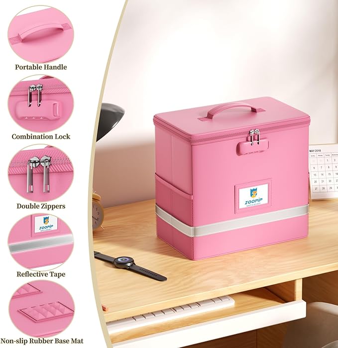 Fireproof File Box with Lock, Document Box Storage Organizer, Suitable for Hanging File Folders in Letter Size, Collapsible F