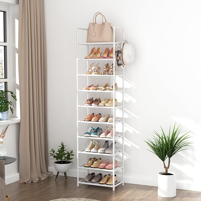 LANTEFUL 10 Tiers Tall Shoe Rack 20-25 Pairs Boots Organizer Storage Sturdy Narrow Shoe Shelf for Entryway, Closets with Hook