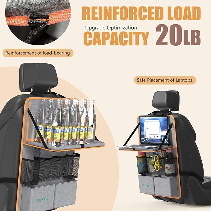 Car Backseat Organizer with Tablet Holder,11 Storage Pockets with Foldable Food Tray, Protector Kick Mats for Kids, Travel Accessories Organizer (Orange, 1Pack with Food Tray)
