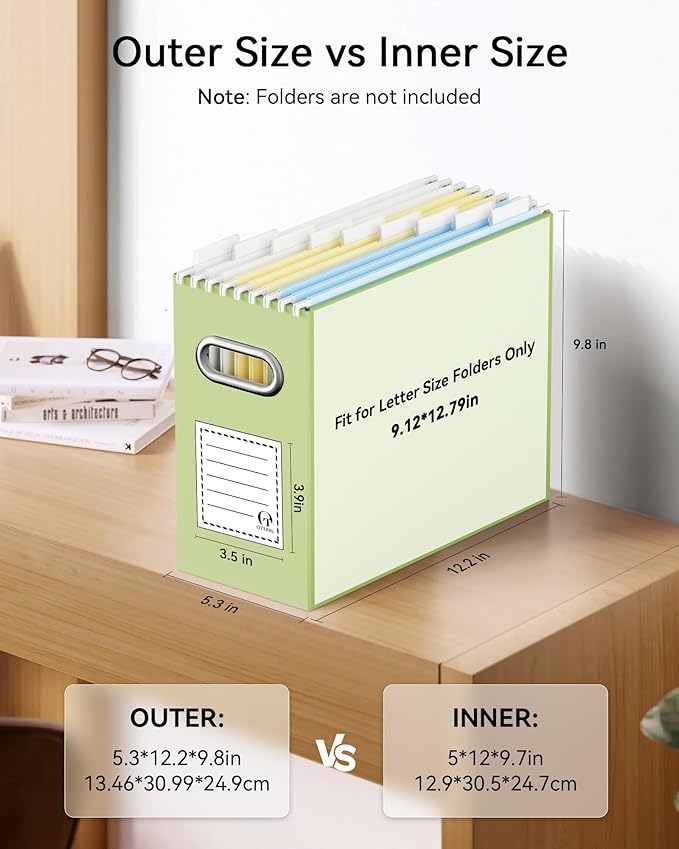 Oterri File Organizer Box, Portable Collapsible Cardboard File Folder Organizer with Handle for Letter Size Hanging Files, Do