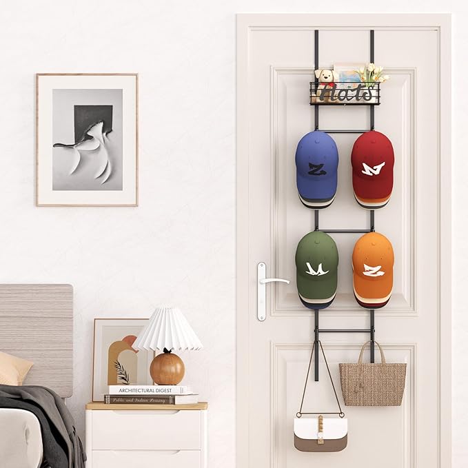 SWTYMIKI Over Door Hat Organizer - Wall Mounted Hat Rack with 6 Hooks and Metal Basket Design, Hanging Baseball Cap Organizer