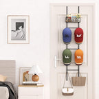 SWTYMIKI Over Door Hat Organizer - Wall Mounted Hat Rack with 6 Hooks and Metal Basket Design, Hanging Baseball Cap Organizer