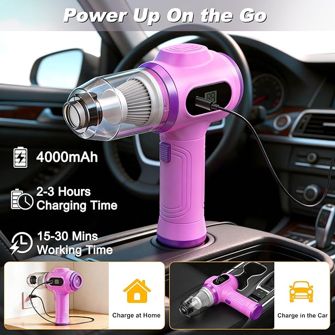 Portable Car Vacuum Cordless Mini Handheld Vacuums Cleaner Rechargeable with LCD Display and Multi-Nozzles, High Power Hand h