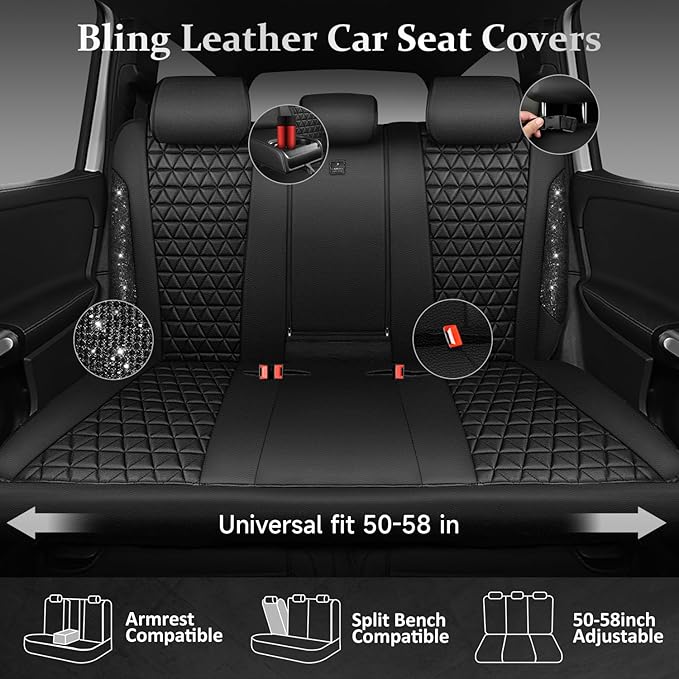 CAR PASS Bling Back Seat Cover, Waterproof Leather Bench Rear Seat Cover Shining Diamond Truck Glitter Crystal Sparkly Rhines