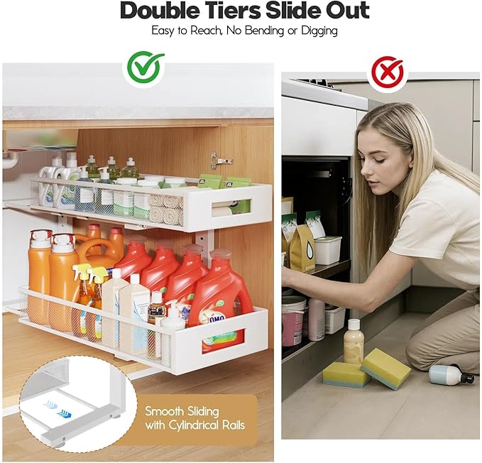2 Packs 21IN Depth Under Sink Organizer, 2-Tier Pull Out Cabinet Organizer With Smooth Circular Rail, Large Capacity Metal Me