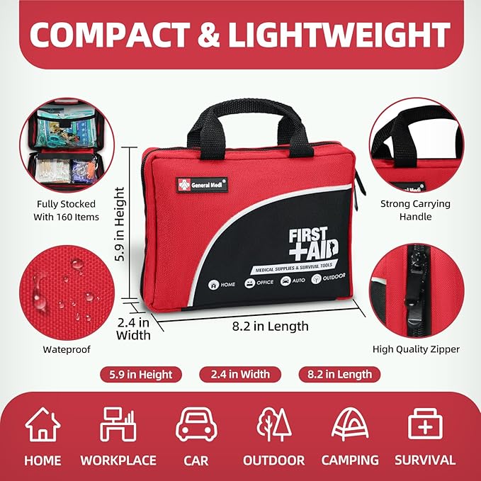 First Aid Kit -160 Pieces Compact and Lightweight - Including Cold (Ice) Pack, Emergency Blanket, Moleskin Pad,Perfect for Tr
