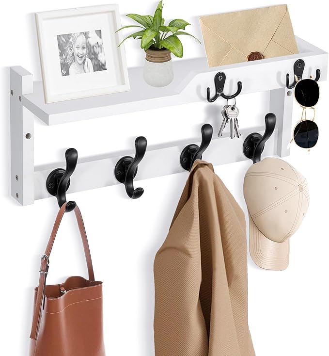 dreampossible Coat Rack Wall Mount with Shelf, Coat Hanger Wall Mount with Key Hooks and Mail Holder, Wood Entryway Floating 
