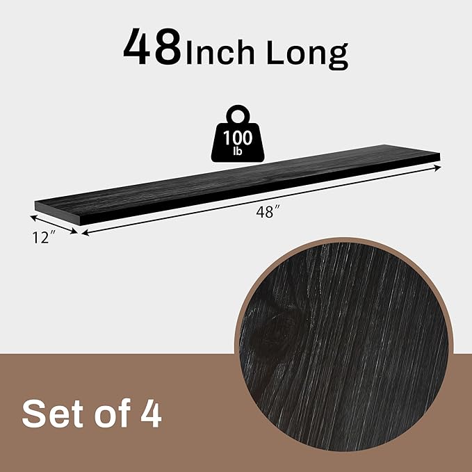 12 Inch Deep Floating Shelves Set of 4, 48 Inch Wide Black Solid Wood Wall Shelves, 4ft Heavy Duty Farmhouse Wall Mounted She
