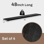 12 Inch Deep Floating Shelves Set of 4, 48 Inch Wide Black Solid Wood Wall Shelves, 4ft Heavy Duty Farmhouse Wall Mounted She
