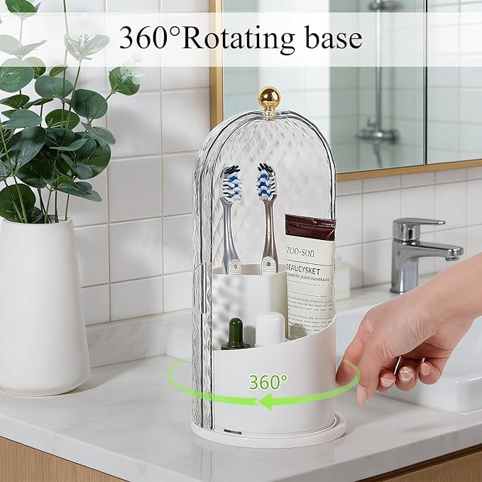 Toothbrush Holder with Cover for Bathroom Countertop, Rotating Organizer for Electric Tooth Brush and Toothpaste, 3-Slot Make