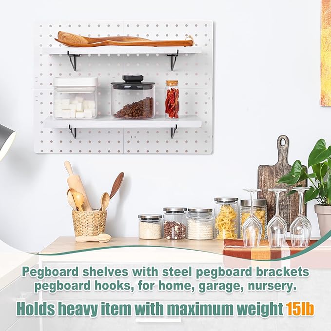 Qunclay 8 Pack Pegboard Shelf Set Wooden Shelves with Metal Brackets Hook Wall Pegboard Shelving Heavy Duty Accessories for C