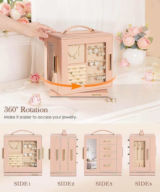 Homde Jewelry Box 360° Rotating, Necklace Earring Organizer with Transparent Window, Mirror, 7 Drawers, Large Ring Display St