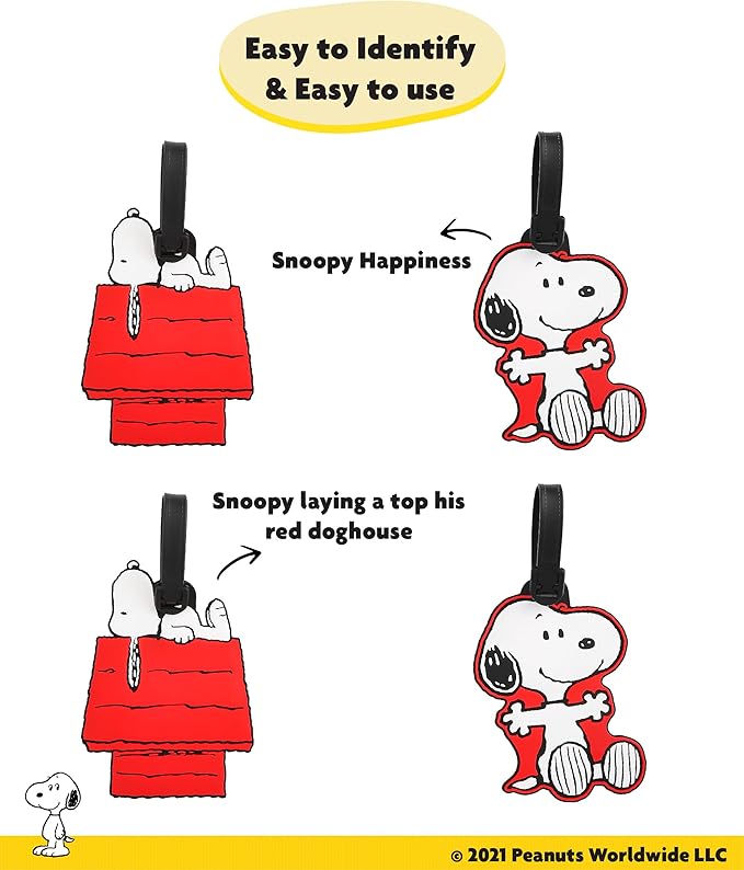 Peanuts Snoopy Luggage Tags 4 Pack Official License, PVC Snoopy Bag Tags and Travel Tags for Luggage, Backpacks, and More