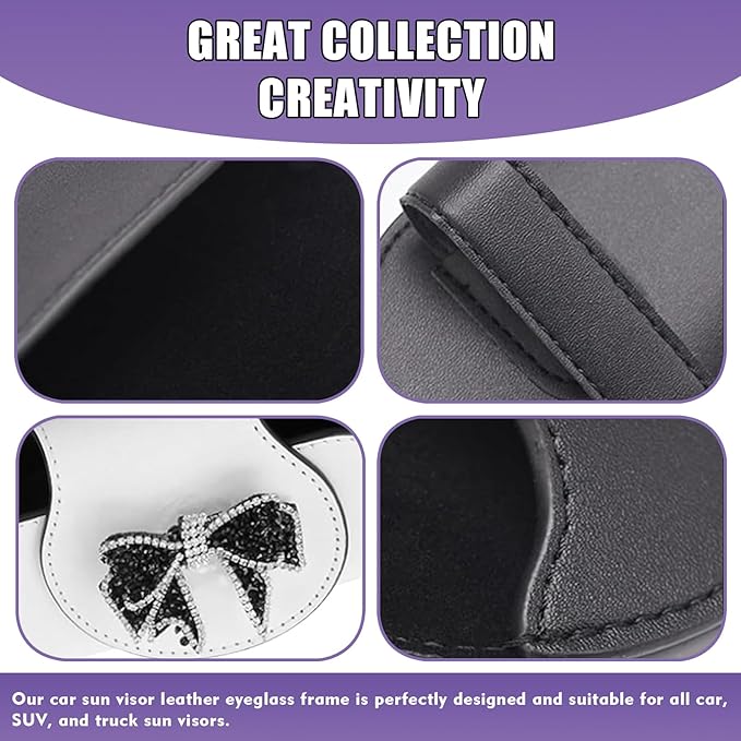 Bling Car Sunglass Holder, Rhinestone Bow Visor Storage Case for Sunglass Receipt Ornament, Soft Lining Anti-scratch Holder Clip, Interior Organizer Accessory for Cars (White)