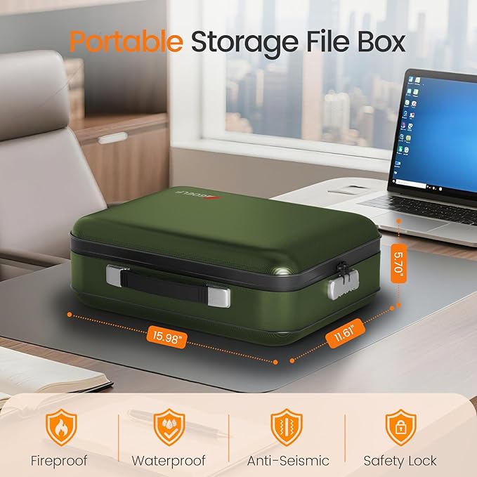 Fireproof Document Box with Lock, 5200°F Fireproof Water Resistant Hard Case File Organizer Safe Box for Important Documents,