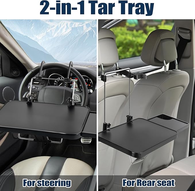 2 in 1 Steering Wheel Tray, Car Table with Phone Holder, Multifunctional Adjustable Car Trays for Eating, Universal Fit for Most Vehicles