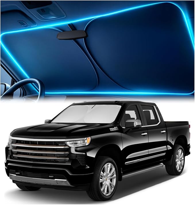 Windshield Sun Shade for Chevrolet Silverado 2019-2026 – Custom Fit Sun Shield with Mirror Cut‑Out, Blocks Heat & UV, Foldable with Storage Pouch - Chevy Silverado Windshield Sunshade