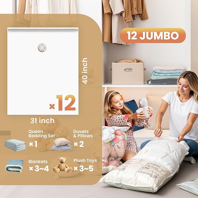 TAILI 12 Pack Vacuum Storage Bags, Jumbo Vacuum Seal Bags for Clothing (40x31 Inch), Space Saver for Bulky Comforter Blankets