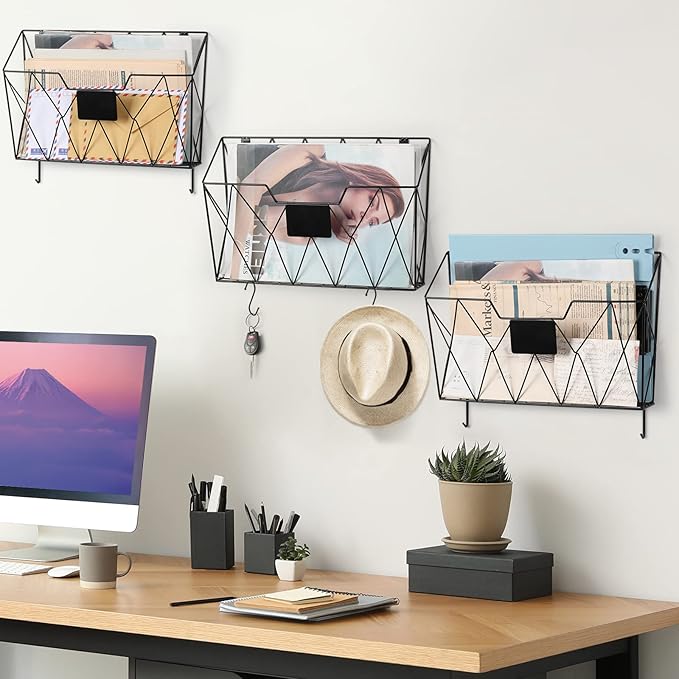 YBING Wall File Organizer for Office Hanging Wall File Holder and Basket Set of 3 Hanging File Rack with Hooks Metal Wall Sto