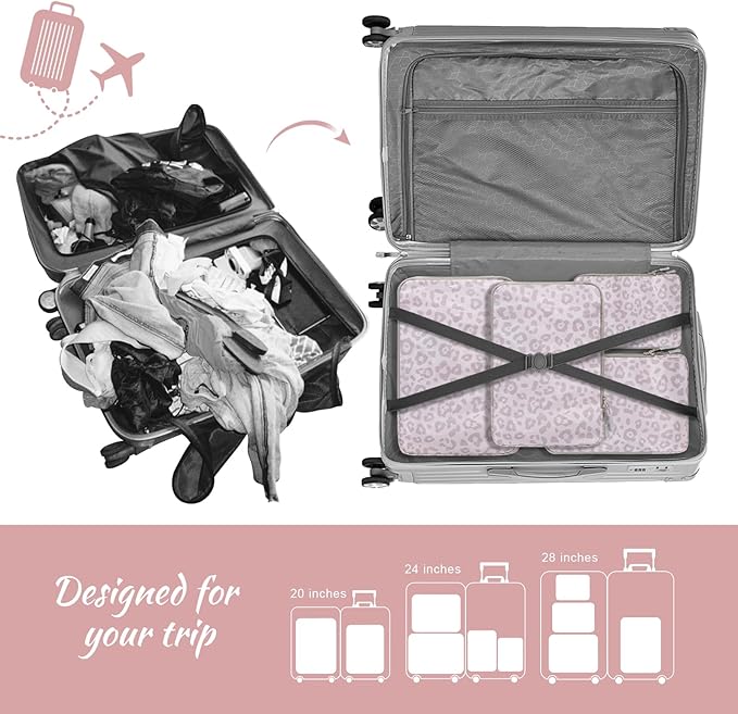 WOOMADA Compression Packing Cubes for Suitcases Travel Essentials 4 Set Expandable Travel Bags Organizer for Luggage(pink leo