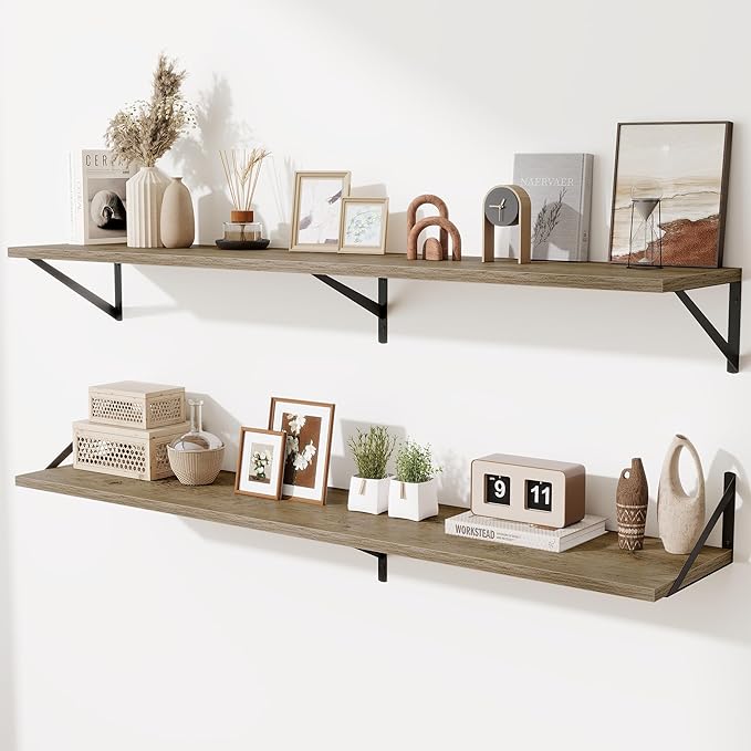 Deep Floating Shelves,55" Wx10 D Wood Wall Shelves Set of 2,Long Wood Floating Shelf with Metal Brackets,Floating Bookshelf f