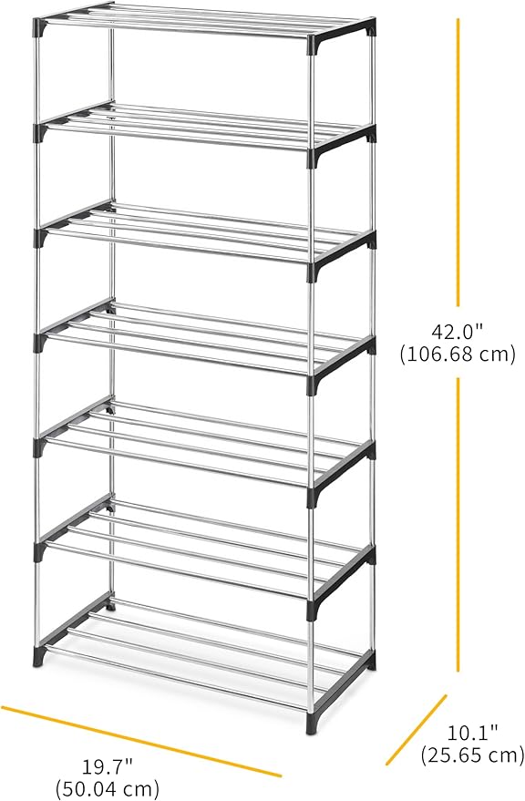 Whitmor 7-Tier Shoe Rack - Small Space Solution - Store up to 14 Pairs of Shoes - Organize Shoes & Accessories - Chrome & Bla