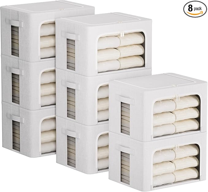 FHSQX 8 Pack Clothes Storage Bins - Foldable Storage Bins for Clothes Fabric Storage Box with Metal Frame (Cream White, 15.7x