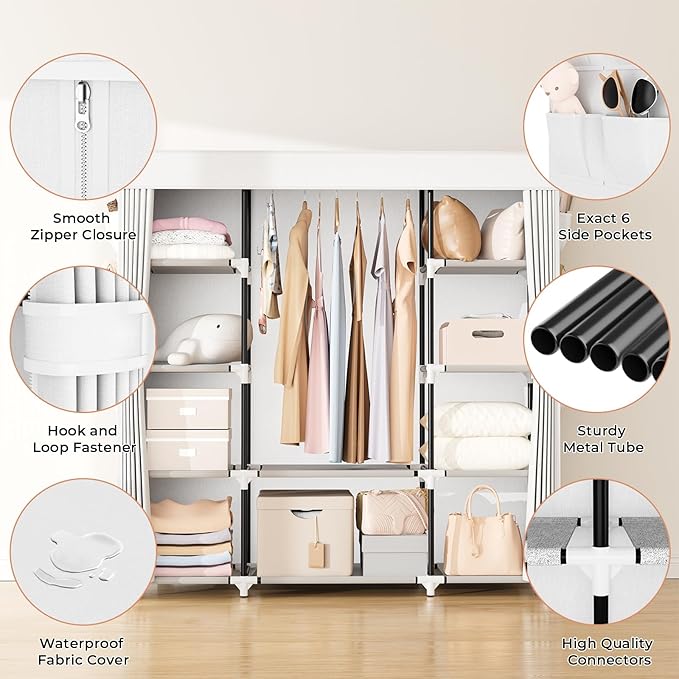 VTRIN Portable Closet Wardrobe for Hanging Clothes 57.3 Inch Large Capacity Clothes Rack with Cover, 10 Storage Organizer She