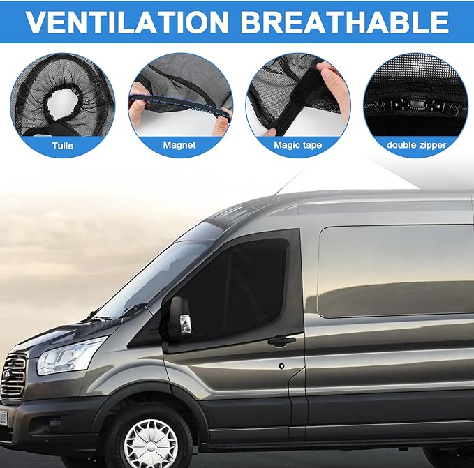 Double Layers Side Window Sunshade Magnetic Bug Screen for Front Doors, Pair Universal Size for Promaster, Sprinter, Metris, and Other Van