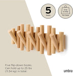 Umbra Picket Coat Rack Wall Mount – 5 Flip-Down Wood Coat Hooks, Modern & Functional Storage, Easy Install Wall Hooks, Natura
