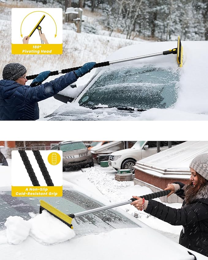 helloleiboo 2025 Extra Long 55.7" Ice Scrapers for Car Windshield Multi-Functional Detachable Car Ice Scraper with Foam Grip and 270° Pivoting Brush Head Snow Brush for SUV Truck Auto(Yellow)