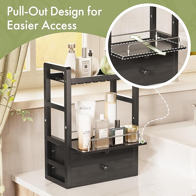 AmazerBath Bamboo Bathroom Countertop Organizer, 2-Tier Makeup Organizer with 2 Drawers, Vanity Organizer Storage Coffee Matc