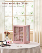 Glimmloop 360° Rotating Jewelry Box with 5 Drawers, Spacious Vertical Jewelry Organizer with Glass Window, Jewelry Storage Ca