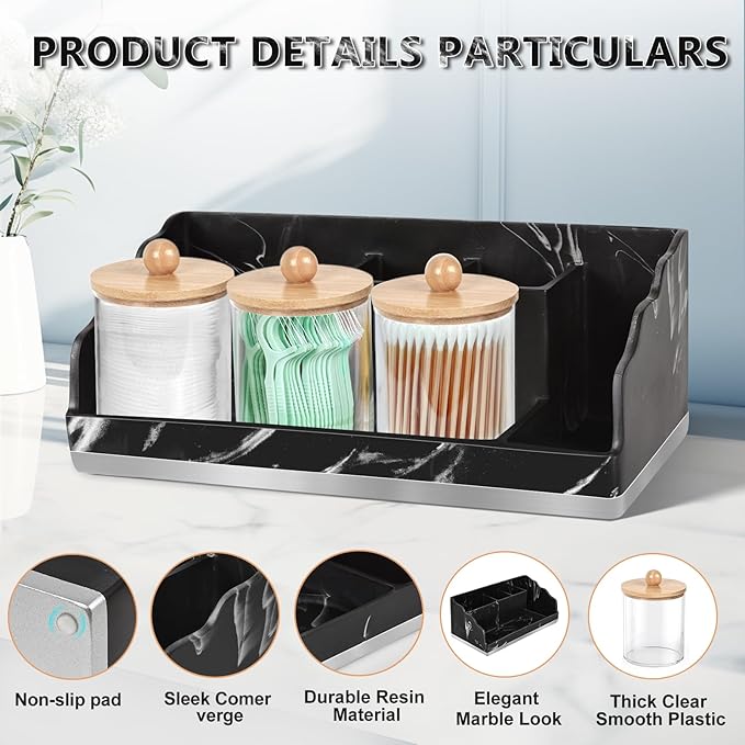TuCao Marble Bathroom Countertop Organizer, Toothbrush Holders for Bathroom with 3PCS Qtip Holder Dispenser and Toothpaste Ho