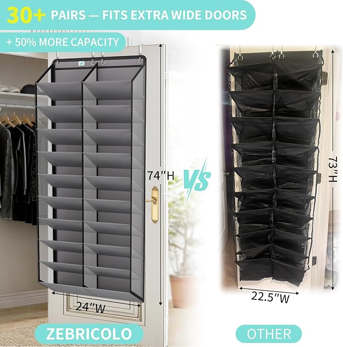 Heavy-Duty, over the door shoe organizer, Extra-Wide Large, shoe organizer, Holds 30 Pairs & Supports 100lbs, shoe rack, with
