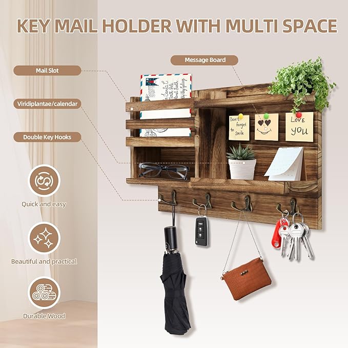 Key Holder Wall Mount, Solid Wood Key and Mail Organizer for Wall(Self Adhesive or Drill), 8 Hooks Key Rack for Entryway Hall