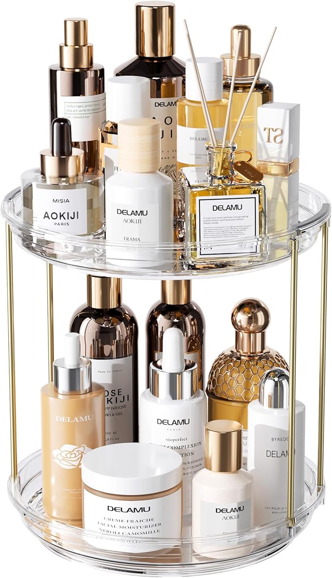 Delamu Rotating Makeup Organizer for Vanity, 2 Tier Skincare Organizer for Bathroom Counter, Spinning Perfume Organizer Cosme