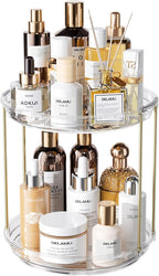 Delamu Rotating Makeup Organizer for Vanity, 2 Tier Skincare Organizer for Bathroom Counter, Spinning Perfume Organizer Cosme