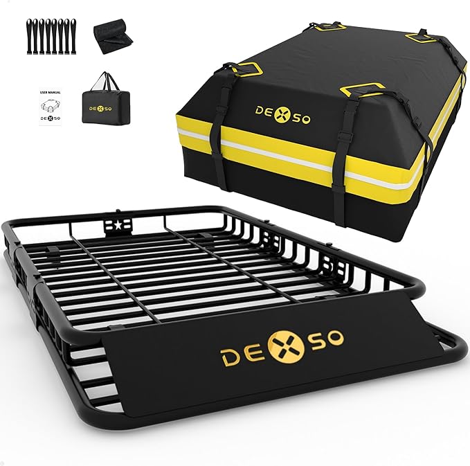 64" x 39" Universal Roof Rack Basket, 200 Lbs Capacity Rooftop Cargo Carrier Basket with 21 Cubic Feet (52" x 39" x 18") Waterproof Luggage Bag, for Suvs, Trucks, Vehiclesor Suvs, Trucks, Vehicles