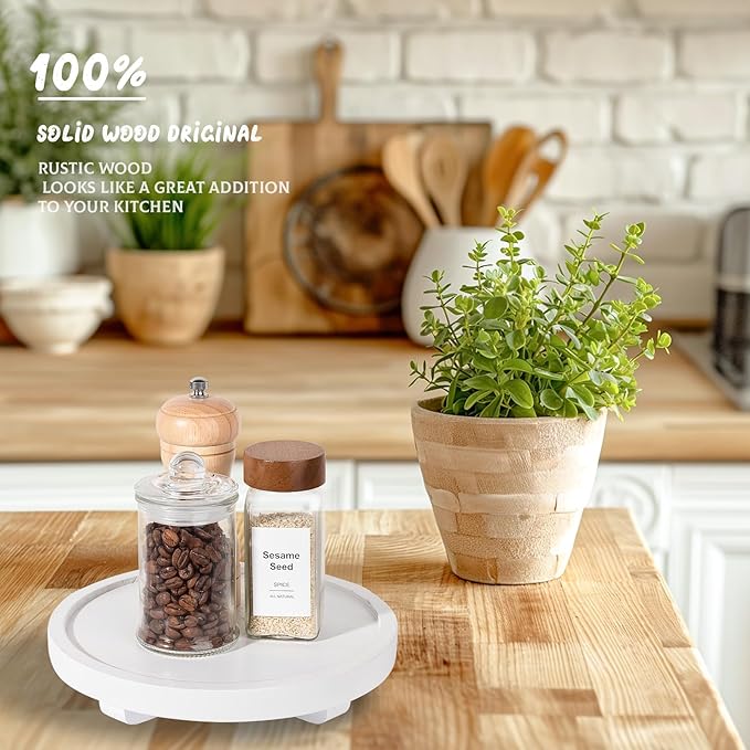 Round Decorative Tray Wood Bathroom Counter Organizer Farmhouse Kitchen Decor Wooden Riser for Soap Dish, Perfume, Candle, Sp