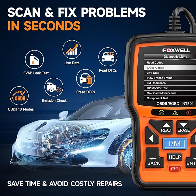 FOXWELL NT301 OBD2 Scanner Live Data OBDII Diagnostic Code Reader Tool & Portable Carrying Case for OBD2 Scanners & Battery