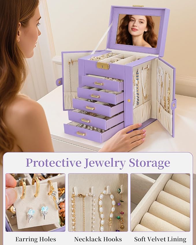 TORIBIO Large Jewelry Box for Women, Leather Jewelry Organizer with Mirror & Lock, 6-Tier Jewelry Storage Case for Girls/Wome