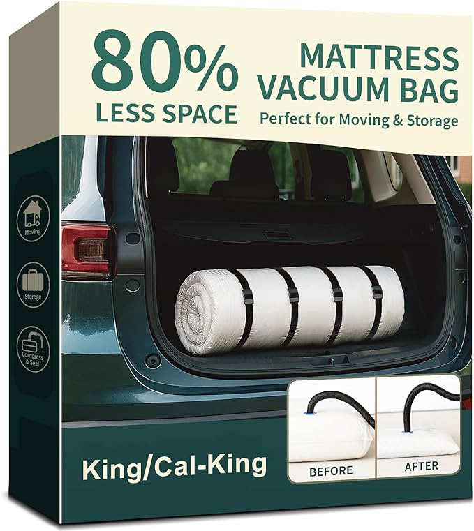 Mattress Vacuum Bag for Moving and Storage – Heavy Duty Compression Bag with Straps, Vacuum Bag for Memory Foam Mattress (Kin