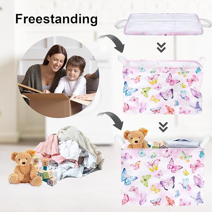 Clastyle 36L Pink Dreamy Butterfly Kid Storage Basket Collapsible Rectangle Clothes Toy Nursery Bin Book Shelf Basket