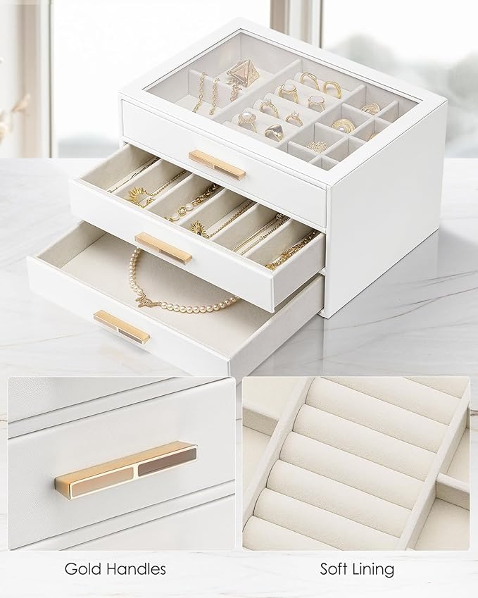 Vlando Jewelry Box for Women, Glass Lid Jewelry Organizer with 3 Drawers for Necklaces Rings Earrings Bracelets Christmas Gif