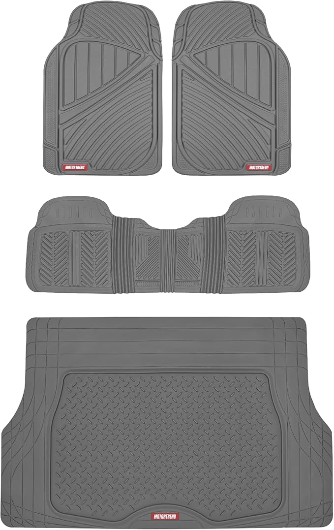 Motor Trend FlexTough Performance All Weather Rubber Car Floor Mats with Cargo Liner – Full Set Front & Rear Odorless Floor Mats for Cars Truck SUV, BPA-Free Automotive Floor Mats (Gray)